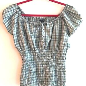 Vintage De Rotchild Green checkered Country tie puff sleeve Top